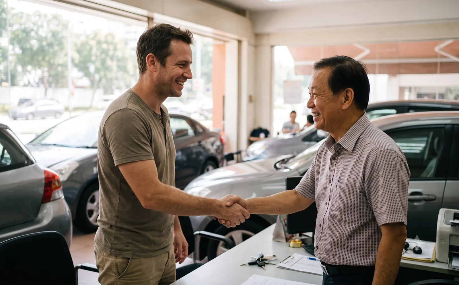 A customer and dealer shaking hands in a car showroom