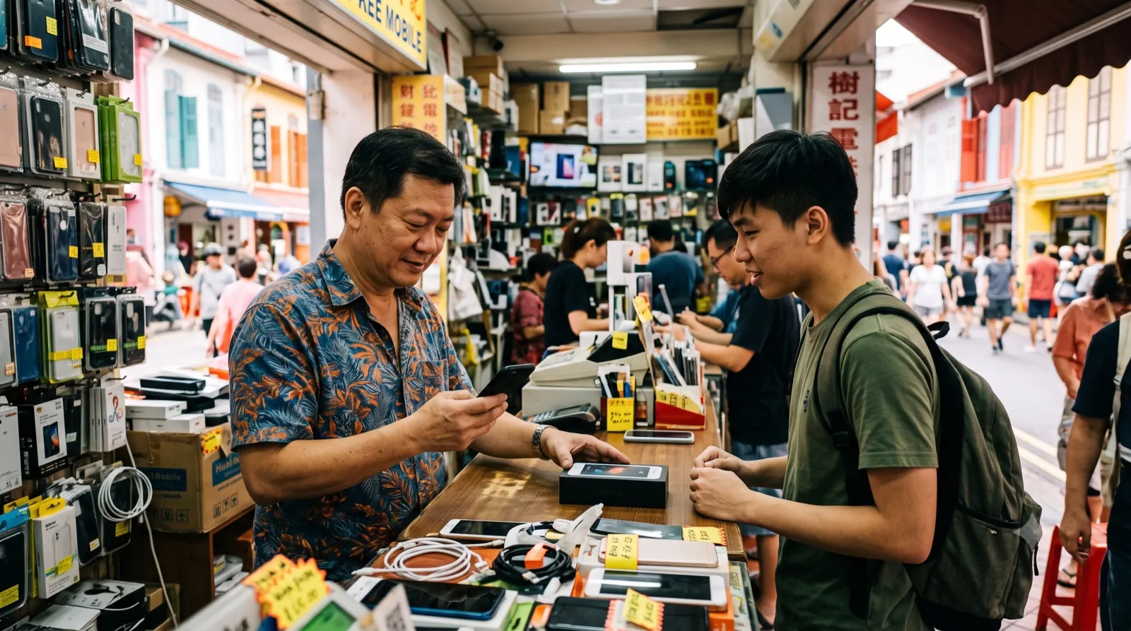 A mobile shop owner replying to a buyer at the counter