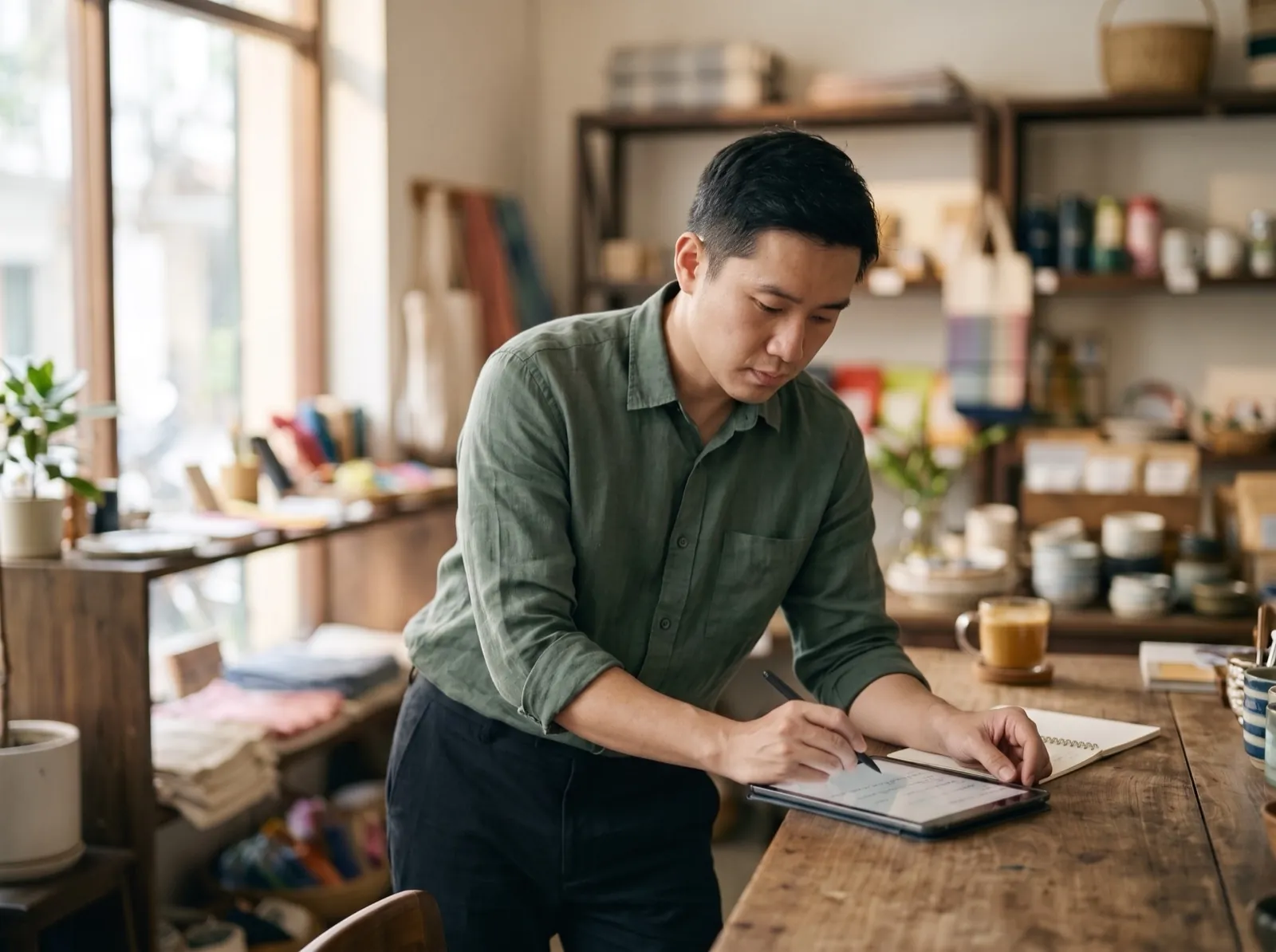 A business owner focused on his work while Moshee handles customer chats